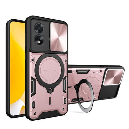 Phone case with magnetic ring holder and sliding camera shield, black with pink back