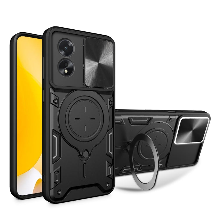 Phone case with magnetic ring holder and sliding camera shield, black with dark gray back