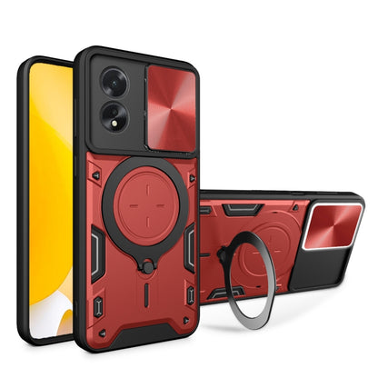 Phone case with magnetic ring holder and sliding camera shield, black with red back