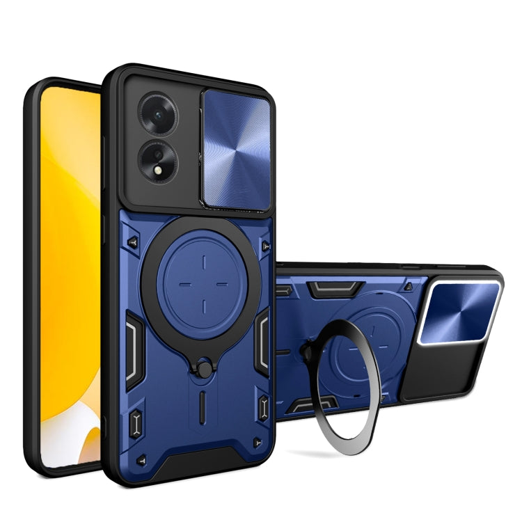 Phone case with magnetic ring holder and sliding camera shield, black with blue back