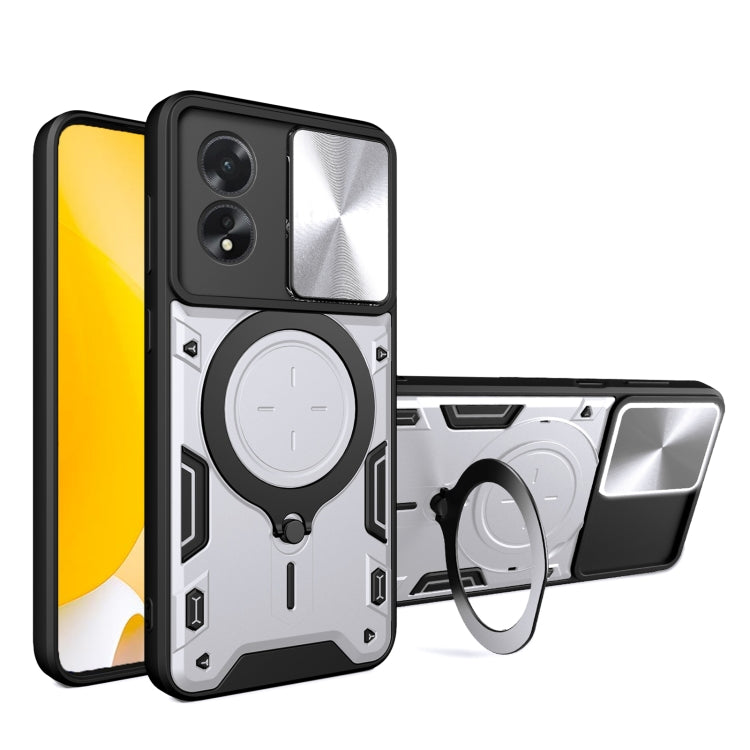 Phone case with magnetic ring holder and sliding camera shield, black with white silver back