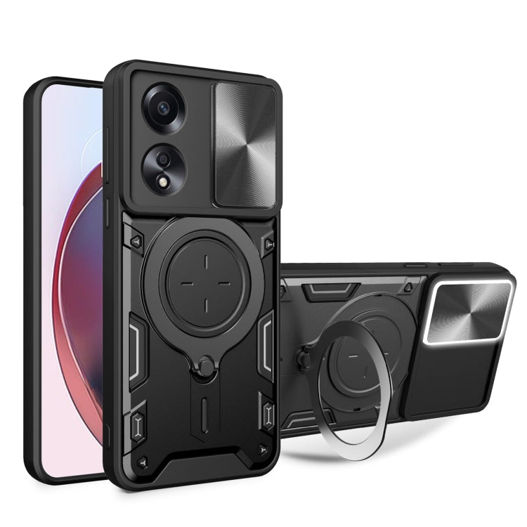 Phone case with magnetic ring holder and sliding camera shield, black with dark gray back