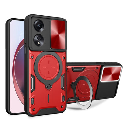 Red textured magnetic phone case with sliding camera cover and ring stand holder
