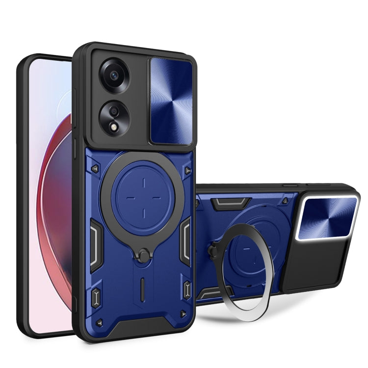 Blue textured magnetic phone case with sliding camera cover and ring stand holder