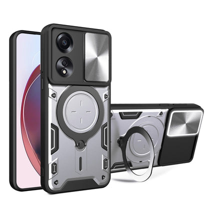 Silver textured magnetic phone case with sliding camera cover and ring stand holder