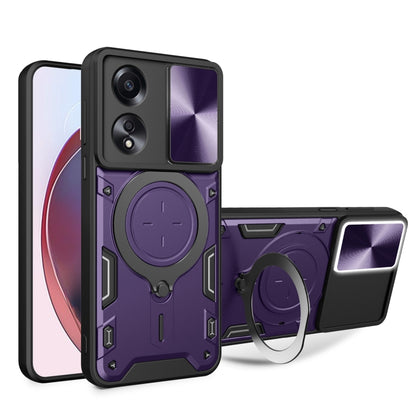 Purple textured magnetic phone case with sliding camera cover and ring stand holder