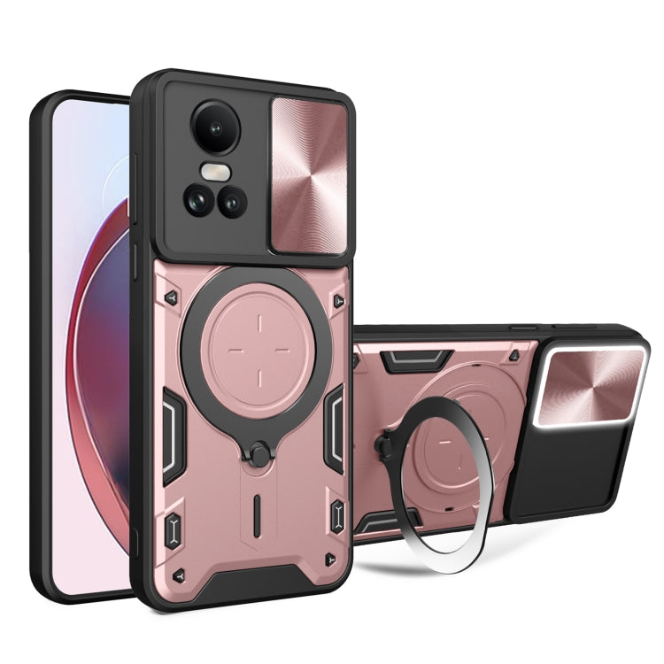 Pink textured magnetic phone case with sliding camera cover and ring stand holder