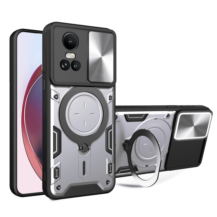Silver textured magnetic phone case with camshield sliding cover and ring grip