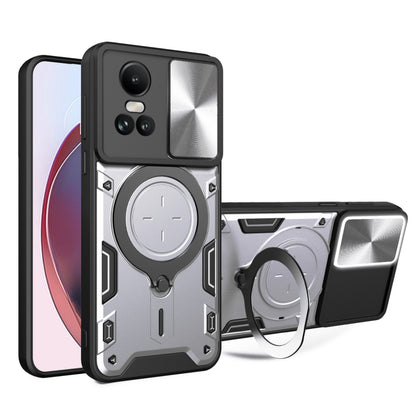 Silver textured magnetic phone case with camshield sliding cover and ring grip