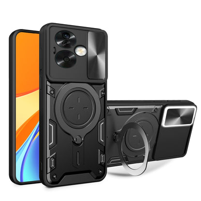 Black phone case with magnetic camshield ring holder and sliding cover