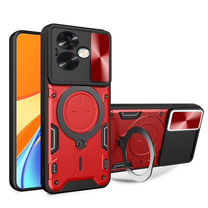 Red phone case with magnetic camshield ring holder and sliding cover