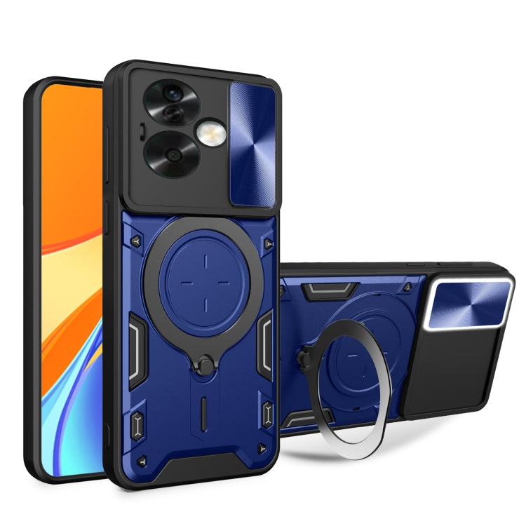 Blue phone case with magnetic camshield ring holder and sliding cover