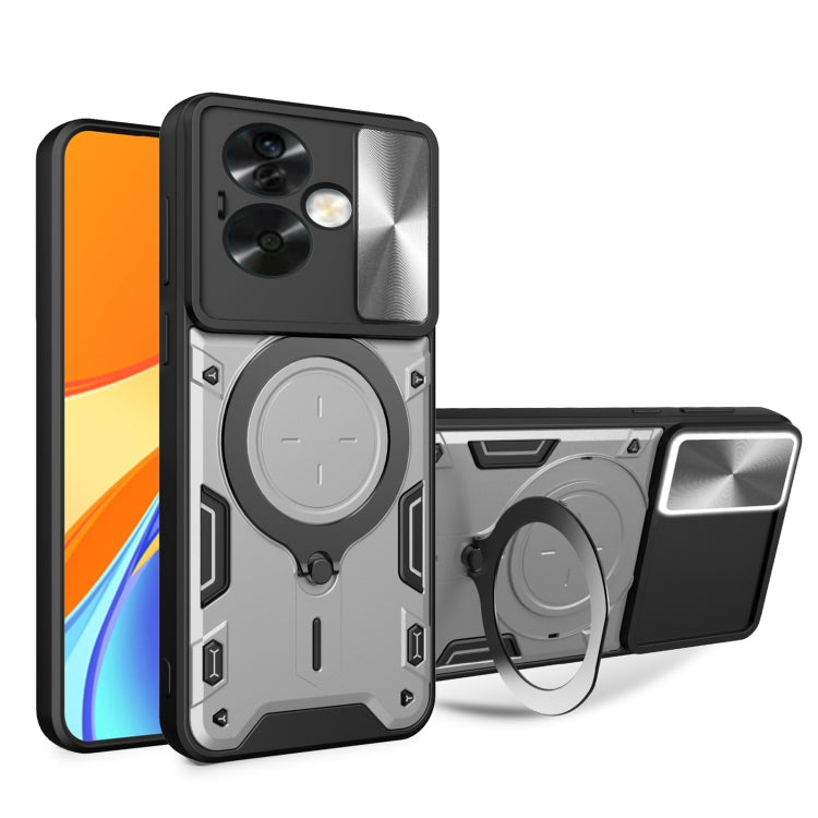 Gray phone case with magnetic camshield ring holder and sliding cover