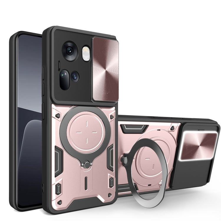 Pink rugged phone case with sliding camera shield and magnetic ring holder
