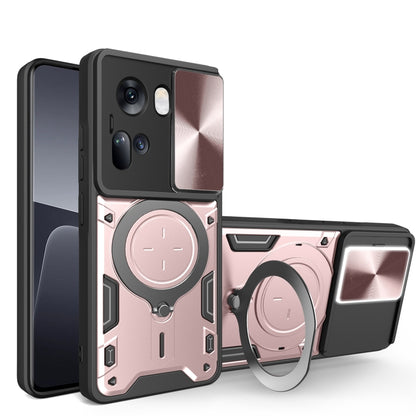 Pink rugged phone case with sliding camera shield and magnetic ring holder