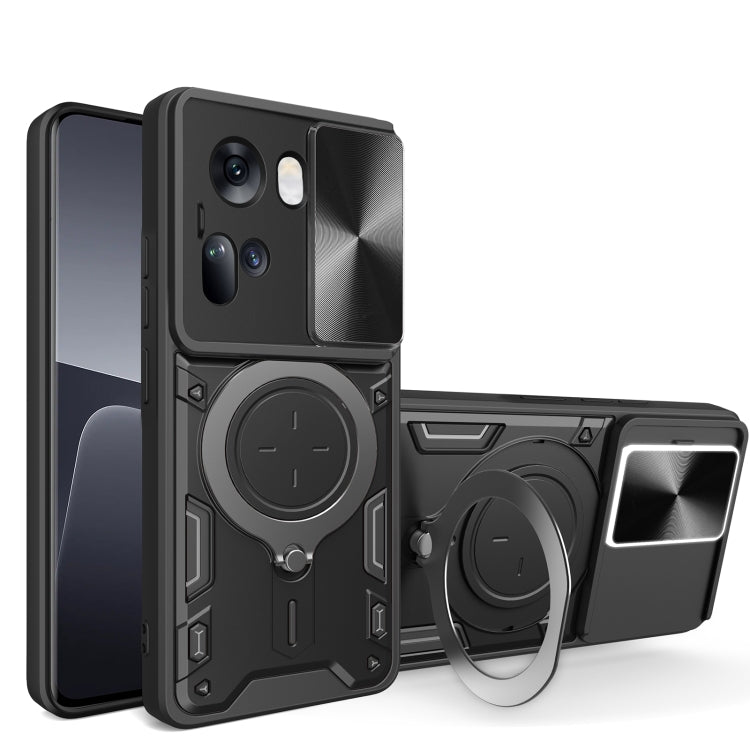 Black rugged phone case with sliding camera shield and magnetic ring holder