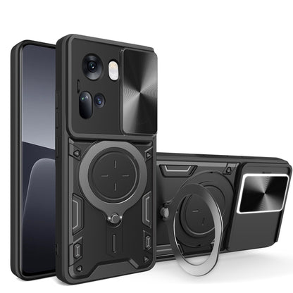 Black rugged phone case with sliding camera shield and magnetic ring holder