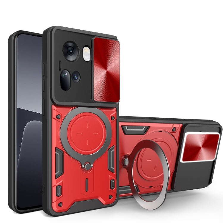 Red rugged phone case with sliding camera shield and magnetic ring holder