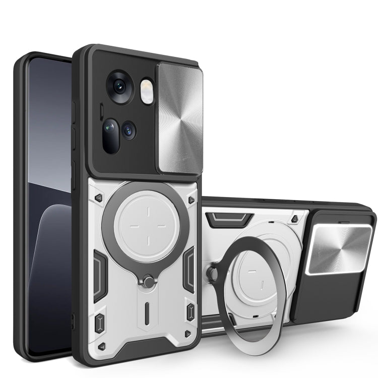 Silver rugged phone case with sliding camera shield and magnetic ring holder