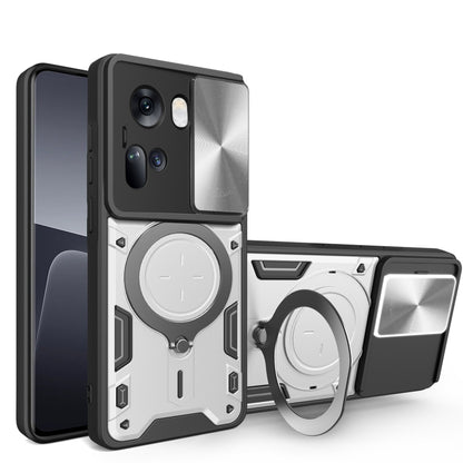 Silver rugged phone case with sliding camera shield and magnetic ring holder