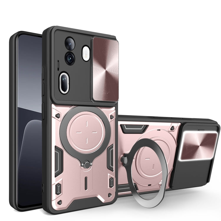 Pink rugged phone case with sliding camera shield and magnetic ring kickstand