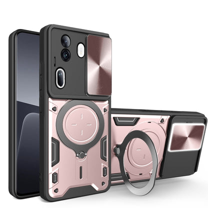 Pink rugged phone case with sliding camera shield and magnetic ring kickstand