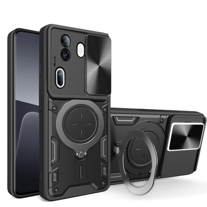 Black rugged phone case with sliding camera shield and magnetic ring kickstand