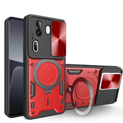 Red rugged phone case with sliding camera shield and magnetic ring kickstand