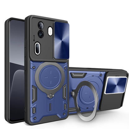 Blue rugged phone case with sliding camera shield and magnetic ring kickstand