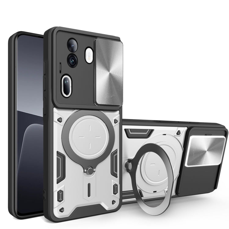 Phone case with magnetic ring holder and sliding camera shield, black with silver back