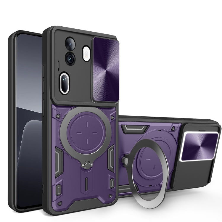 Phone case with magnetic ring holder and sliding camera shield, black with purple back