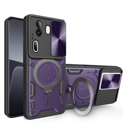 Phone case with magnetic ring holder and sliding camera shield, black with purple back
