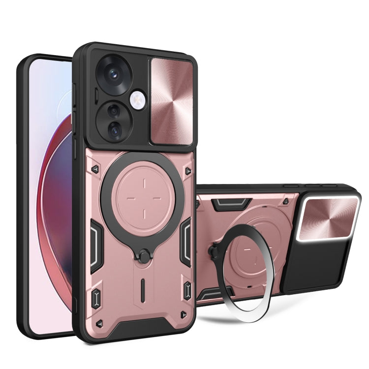 Pink phone case with sliding camera shield and magnetic ring holder, textured armor design