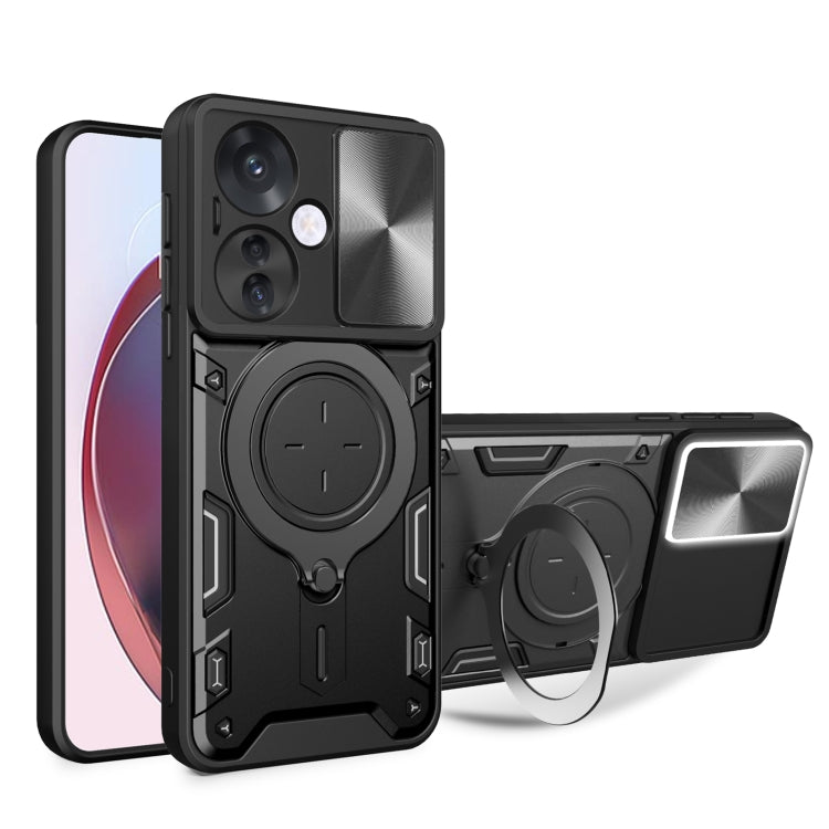 Black phone case with sliding camera shield and magnetic ring holder, textured armor design