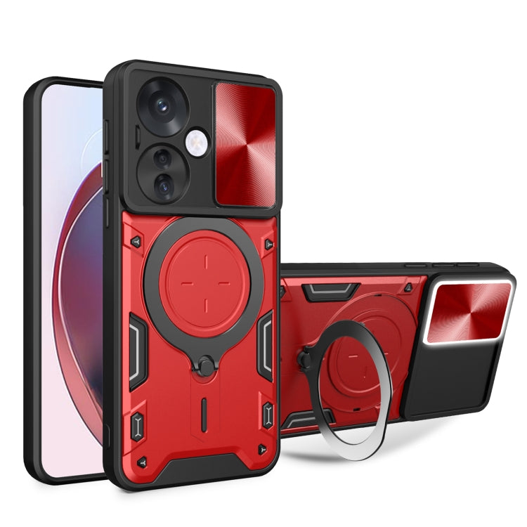 Red rugged phone case with sliding camera shield and magnetic ring stand holder