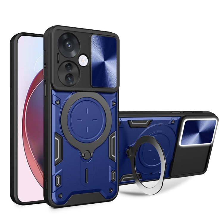 Blue rugged phone case with sliding camera shield and magnetic ring stand holder
