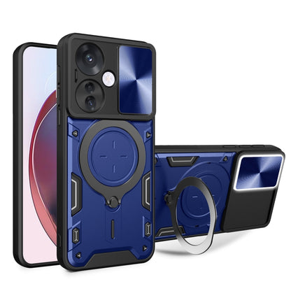 Blue rugged phone case with sliding camera shield and magnetic ring stand holder