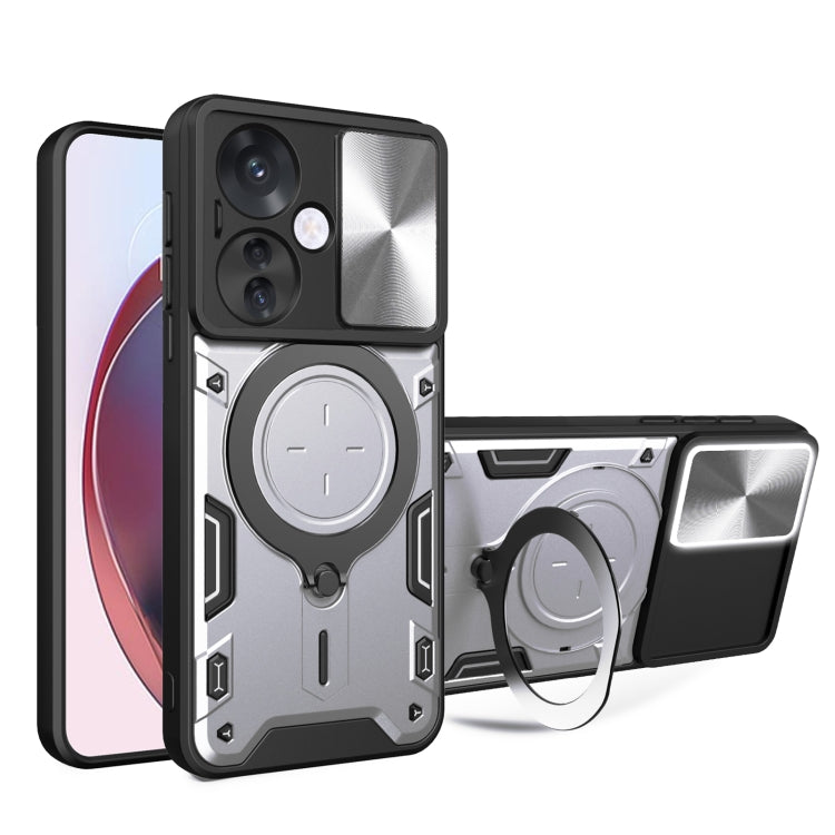 Gray/white rugged phone case with sliding camera shield and magnetic ring stand holder