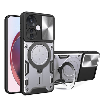 Gray/white rugged phone case with sliding camera shield and magnetic ring stand holder
