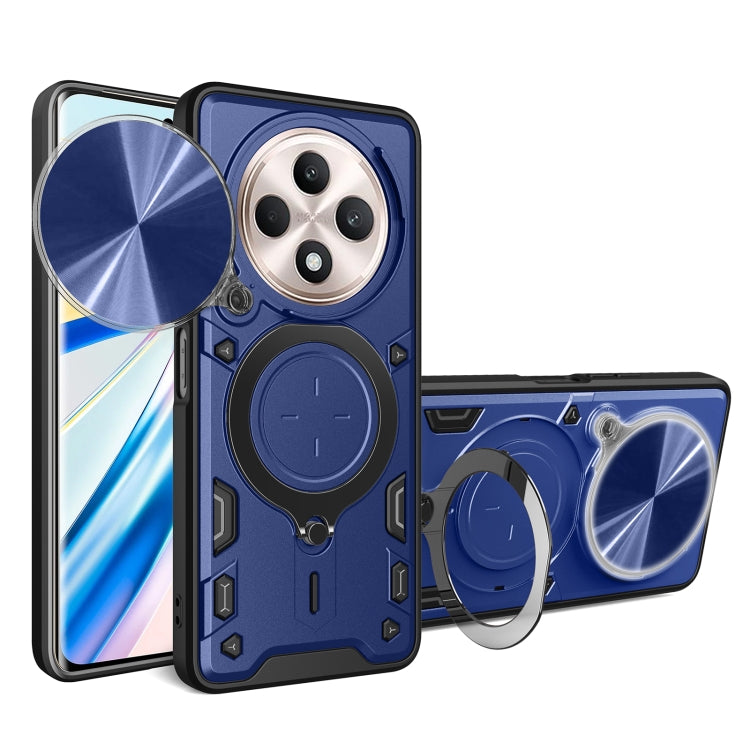 Blue phone case with sliding magnetic cam shield and CD texture stand