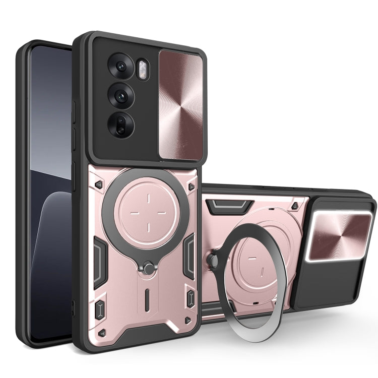 Phone case with sliding camshield and magnetic ring holder, light pink with dark gray frame