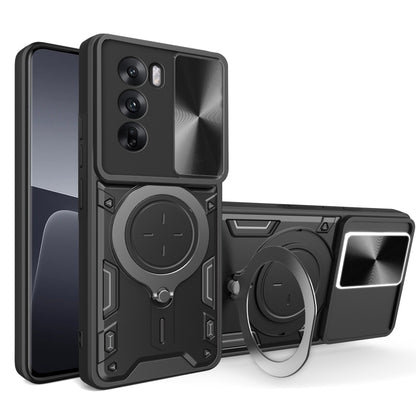 Phone case with sliding camshield and magnetic ring holder, black with gray circular stand