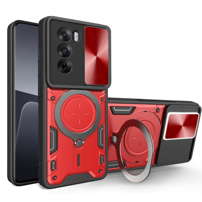 Phone case with sliding camshield and magnetic ring holder, red with dark gray armor
