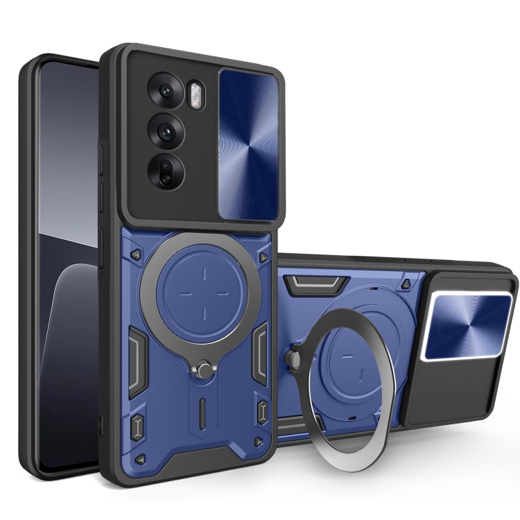 Phone case with sliding camshield and magnetic ring holder, blue with dark gray frame