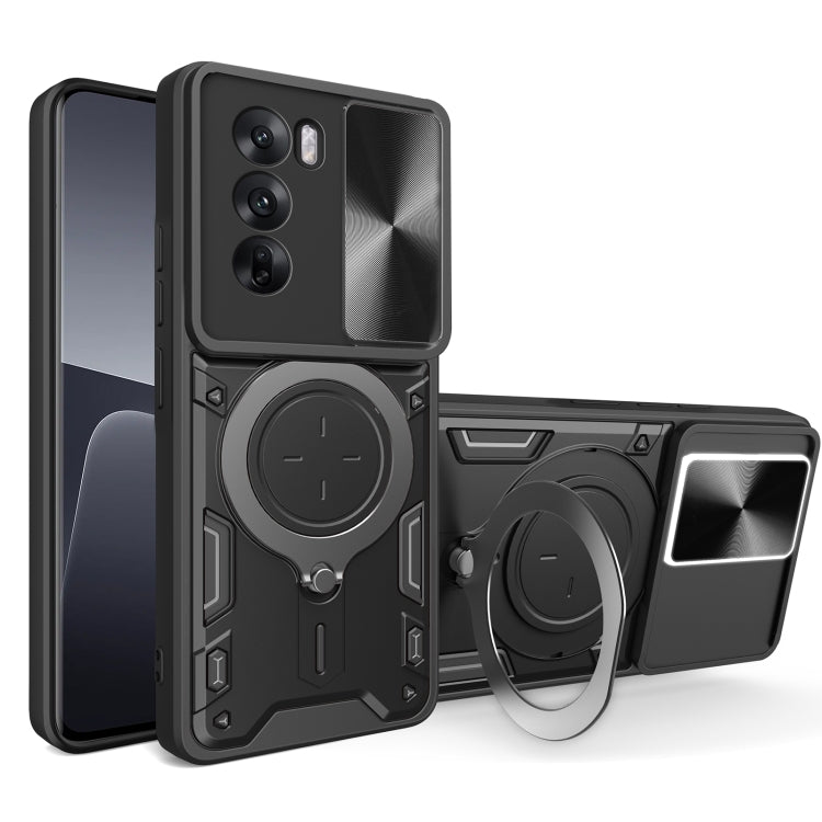 Phone case with sliding camshield and magnetic ring holder, black with dark gray ring stand