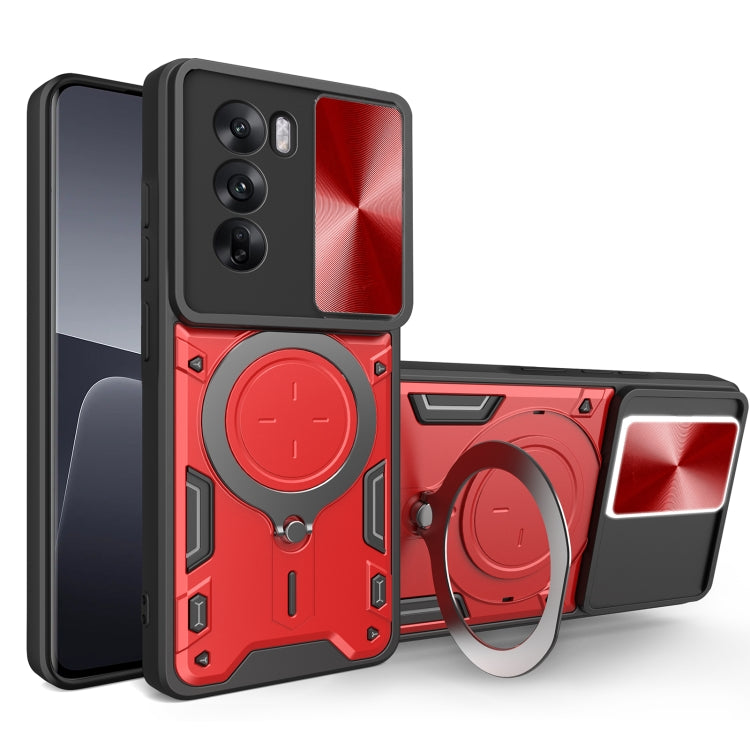 Red phone case with sliding camera shield and magnetic ring holder, textured armor design