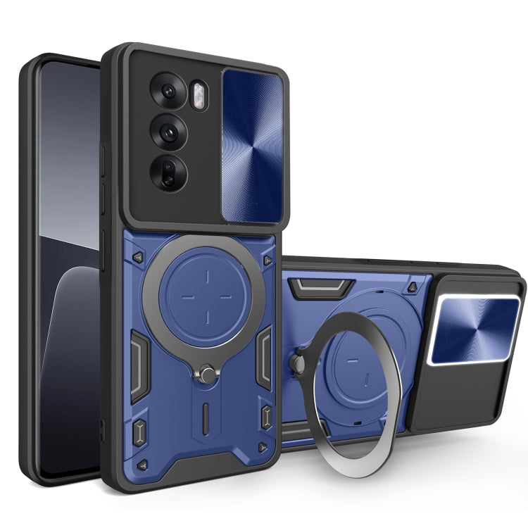 Blue phone case with sliding camera shield and magnetic ring holder, textured armor design
