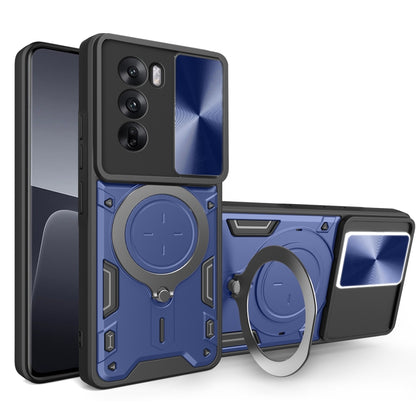 Blue phone case with sliding camera shield and magnetic ring holder, textured armor design