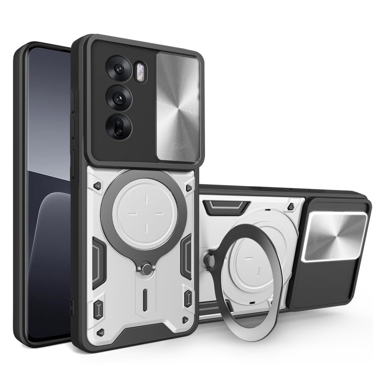 Gray/silver phone case with sliding camera shield and magnetic ring holder, textured armor design