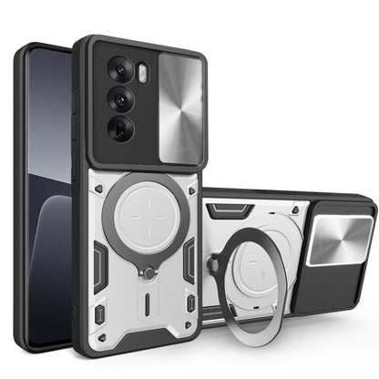 Gray/silver phone case with sliding camera shield and magnetic ring holder, textured armor design